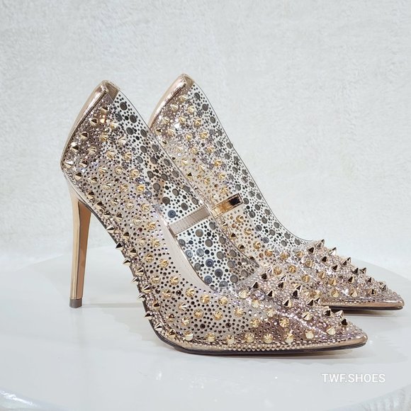 Spicy Stiletto PVC Clear Pumps Rose Gold Studs & Rhinestone Pumps High Heels - Picture 5 of 16